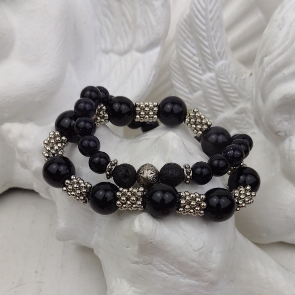 🌻3 For $15 Two Black Glass & Silver Accent Beaded Vintage Stretch Bracelets